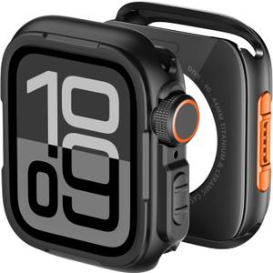 BXUXOHS Metal Case for Apple Watch 44mm Cover,Rugged Protective Bumper +Metal Crown +PC Back Cover,Military-Grade Armor Shield Shockproof Protector Case for iWatch Series 6/5/4/SE 44 mm (Black Orange)