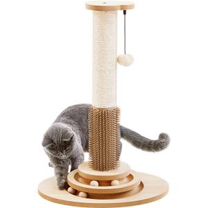 Made4Pets Cat Scratching Post, 23" Tall Sisal Cat Scratcher Post with Self Groomer, 4-in-1 Interactive Trackball Toys with Hair Brush, Vertical Cat Climbing Tree with Dangling Plush Balls