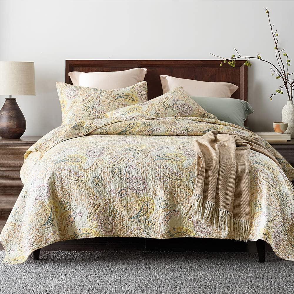ENASAL Cotton Bedspread Quilt Sets, Reversible Bedding Coverlet Sets Comforter, Floral Paisley Bedspread (Yellow, King Size)