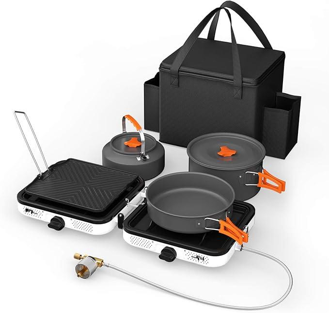 Hisencn Portable Camping Stove, 2 Burner Foldable Camp Stove, 20000 BTU Folding Gas Stove, Portable Propane Stove with Carry Bag, Adjustable Burners & Piezo Ignition, Includes Frying Pan, Kettle, Pot Hisencn Portable Camping Stove, 2 Burner Foldable Camp Stove, 20000 BTU Folding Gas Stove, Portable Propane Stove with Carry Bag, Adjustable Burners & Piezo Ignition, Includes Frying Pan, Kettle, Pot