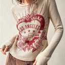 Women's Letter Graphic Tees Waffle Knitted Crew Neck Long Sleeve T Shirts Crop Tops (Beige, S)