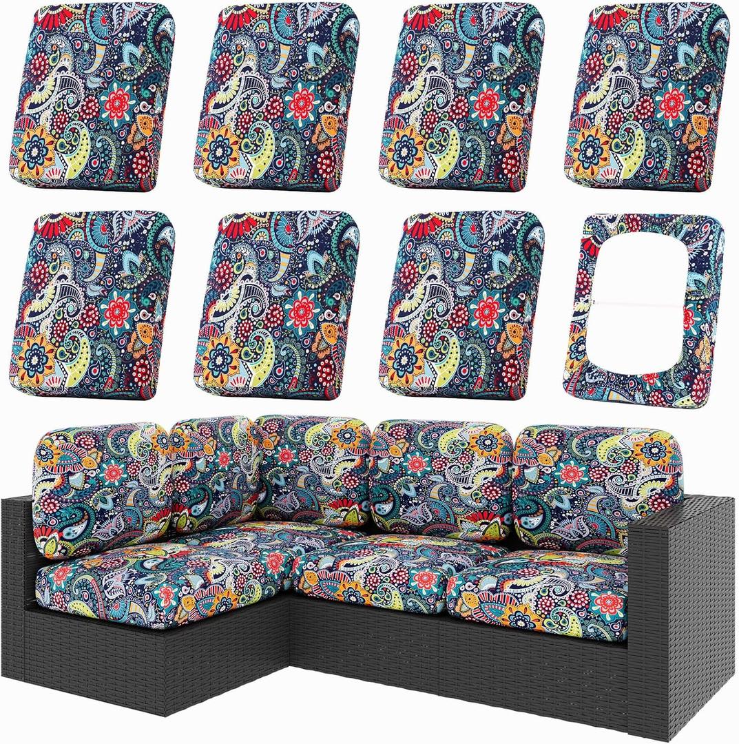 hyha 8Pcs Patio Cushion Covers, Stretch Outdoor Couch Cushion Covers Replacement, Washable Outdoor Chair/Sofa Slipcovers for Patio Furniture Cushions Protector with Elastic Bottom(Paisley,Cover Only)