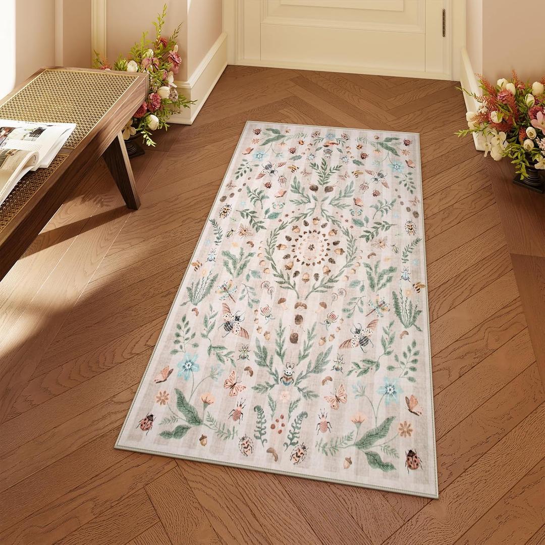 Lahome Boho 2x4 Beige Bathroom Runner Rugs Non Slip Washable, Insect Botanical Runners for Hallways Soft Kitchen Carpet Runner, Indoor Runners for Entryway Laundry Bedroom(Beige,2x4)