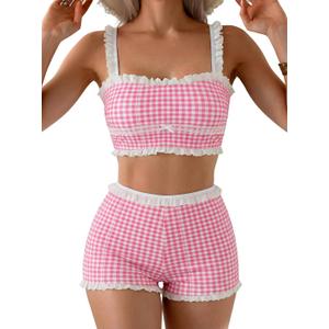 ZAFUL Womens High Waisted Bikini Sets 2 Piece Plaid Ruffle Swimsuits Back Strap Top with High Waisted Shorts Bathing Suit (Large, Hot Pink)