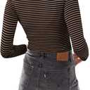 LilyCoco Womens Striped Long Sleeve Crop Top Crewneck Basic Fitted T Shirts Brown Large (L)