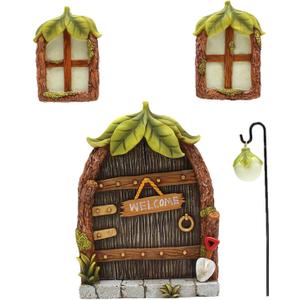 Fairy Door and Windows Garden Kit Accessories Outdoor, Glow in Dark Gnome House for Tree, Lawn Yard Art Sculpture, Miniature Garden Decor (Leaf)