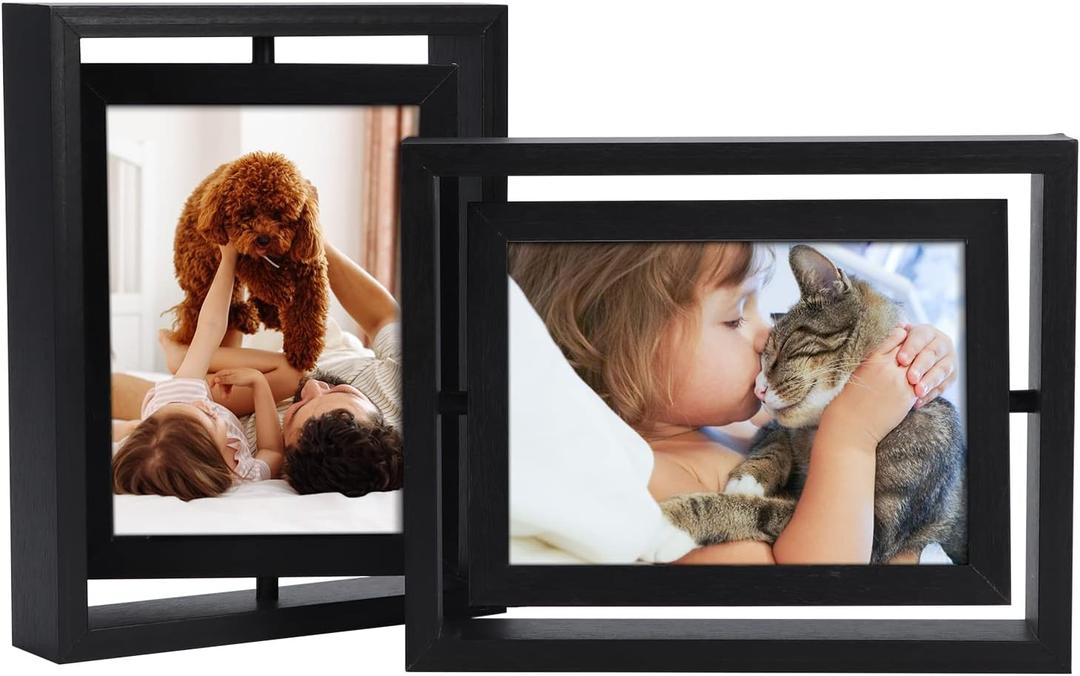 EXYGLO 2 Pack 5x7 Rustic Rotating Floating Picture Frames, Photo Frames for Vertical or Horizontal Tabletop Display, Black