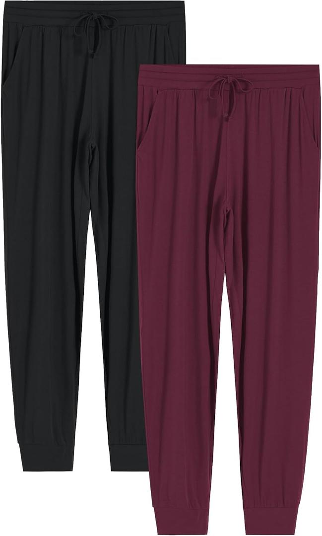 Latuza Women's Petite Pajama Pants Soft Viscose Sleep Joggers (Black & Red (2 Pack))