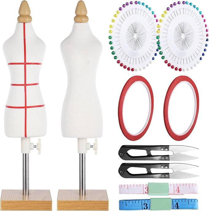 10 PCS Tailor Dressmaker Dummy Mannequins Set with Needles Sewing Patch Measuring Tapes, Doll Dress Form Mini Female 1/4 Size Body Miniature Sewing Mannequin Dress Forms for Sewing