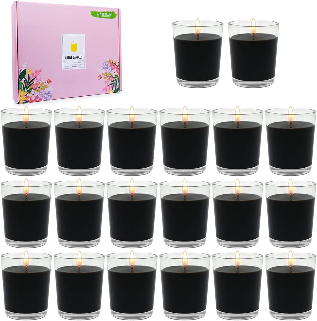 20 Packs Unscented Black Votive Candles in Glass, Small 2 Inch Soy Wax Candles for Halloween Wedding Party Home Holidays Relaxation Spa