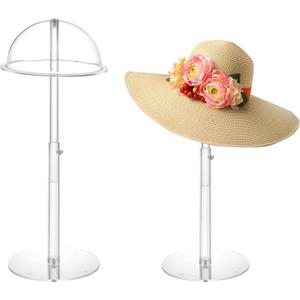 Hat Display Stands, 2 Pack 8"-16" Adjustable Height Acrylic Hat Stand, Durable Clear Cowboy Hat Holder Stand, Dome Top with Brim, Baseball Cap Rack Wig Holder Display Stands for Vendors Salons