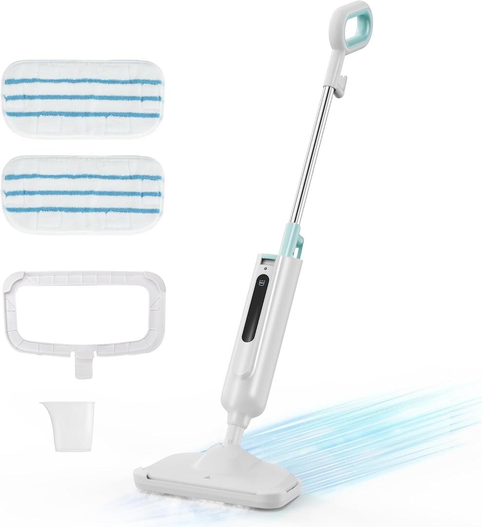 Steam Mop for Floor Cleaning with 2 Washable Pad, Lightweight Floor Steamer Cleaner Mop for Hardwood, Tile, Laminate FloorsCarpet (43.31"*7.87"*11.1", White and Cyan)