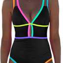 popvil Women One Piece Swimsuit 2026 Tummy Control Sexy Cutout Neon Color Block Bathing Suit Slimming Adjustable Swimwear (Large, Black2)