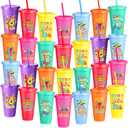 28 Pcs Fiesta Tumbler with Straw and Lid 24 oz Mexican Water Bottle Iced Coffee Travel Mug Cup Reusable Plastic Cups for Cinco De Mayo Party Decorations Fiesta Taco Birthday Party (Vivid)