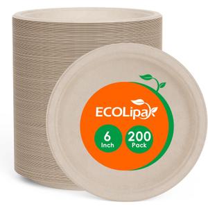 ECOLipak 6 Inch Disposable Compostable Small Paper Plates, 200 Pack Recycled Sugarcane Bagasse Biodegradable Heavy Duty Mini Dinner Appetizer Cake Dessert Plates for Party(Nature)