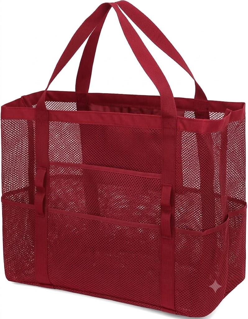 Fammart Mesh Beach Bag for Women, Large Beach Toy Pool Bag with Zipper Pocket, SandProof Cruise Essentials 2026 Family Travel Red 