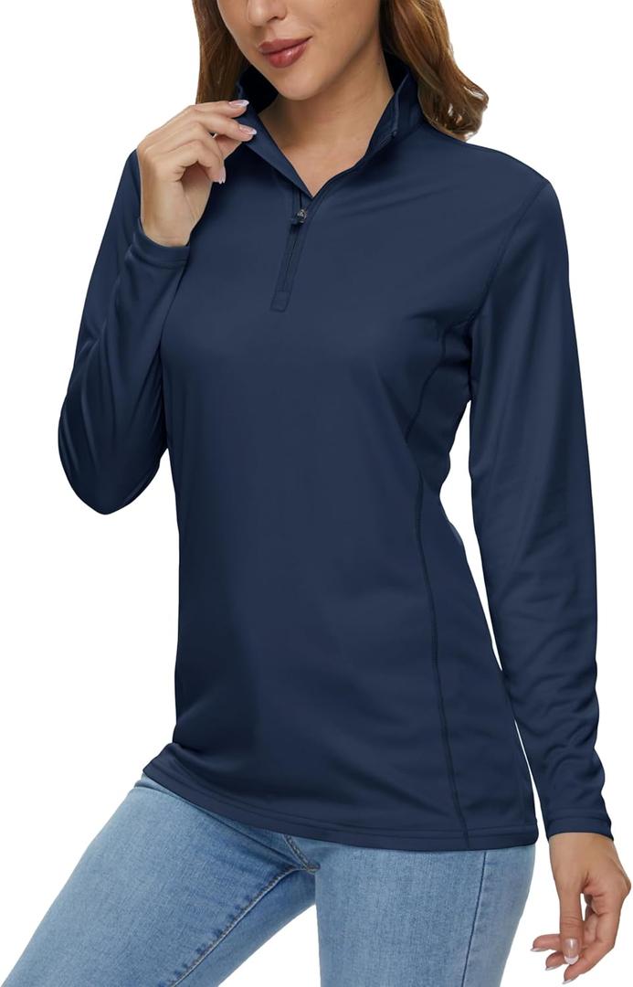 MAGCOMSEN Women's Shirts Long Sleeve 1/4 Zip UPF50+ UV Sun Protection Quick Dry Workout Hiking Athletic Shirts Rash Guard (Large, Navy)