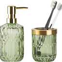 Glass Bathroom Accessories Set, 2PCS Clear Glass Bathroom Accessory, Toothbrush Holder and Soap Dispenser Set for Modern Bathroom Decor(Green)