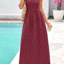 PRETTYGARDEN Women's 2026 Summer Spaghetti Strap Maxi Dresses Plaid Square Neck A Line Casual Beach Vacation Long Sundress (Red, L)