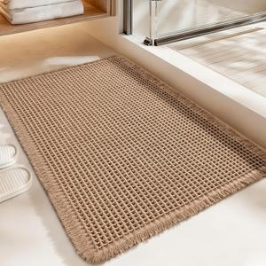 Luxury Waffle Bath Mat, Super Absorbent Non Slip Bathroom Rugs, Boho Ultra Soft Comfort Machine Washable Quick Dry Floor Mats with Tassels (Brown, 17" x 24")
