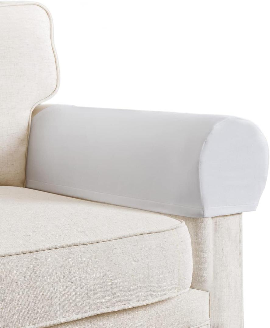Stretch Velvet Plush Armrest Covers for Chairs and Sofas - Anti-Slip Couch Protector With Sticker - Furniture Arm Cover for Recliner, Set of 2, Off White