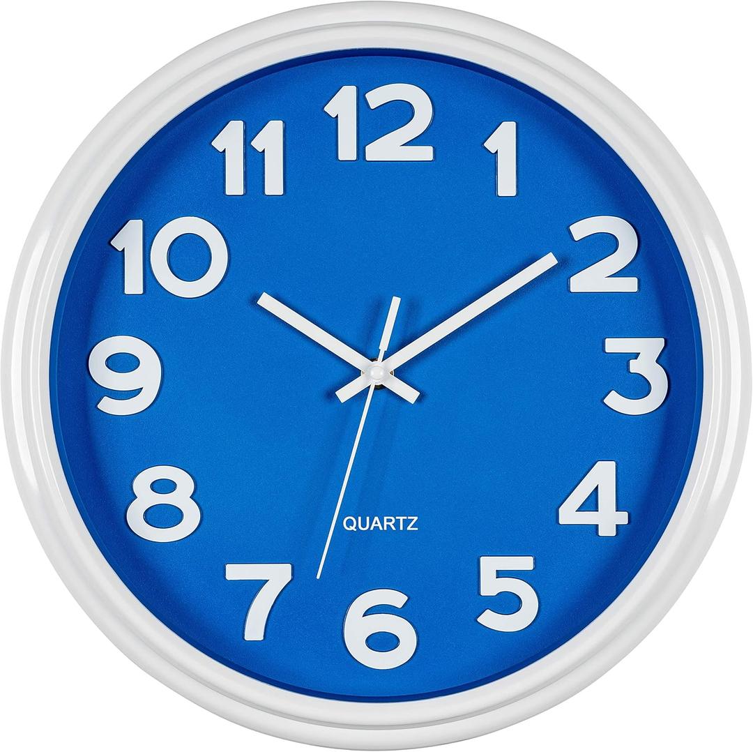 Bernhard Products Blue Wall Clock 12.5 Inch Silent Non-Ticking Modern Stylish Quartz Clocks for Home Kitchen Office Bedroom Boy's Room Nursery Kids School Classroom Battery Operated Easy to Read