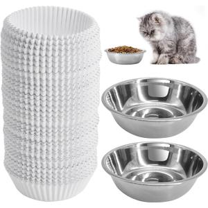Disposable Cat Food Bowls Set, Pets Feeding Bowls Includes 300PCS Cats Food Small Paper Bowl & 2PCS Stainless Steel Bowl, Cat Plates Feedings Dish Liner Bulk for Wet Foods Cats Dogs Feeding Station