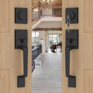 goldenwarm Double Front Door Lock Set, Black Double Door Handle Set, Matte Black Double Door Handle with Dummy, Modern Double Front Door Hardware Set with Reversible Handle Lever, Matte Black 