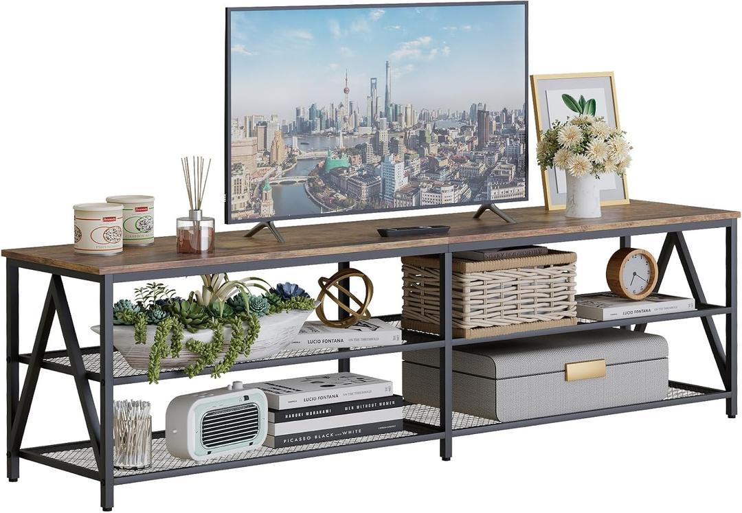 TV Stand for TVs up to 75 Inch, 70" Long Industrial TV Console Table with 3-Tier Storage Shelves, Entertainment Center for Living Room, Bedroom (Brown)