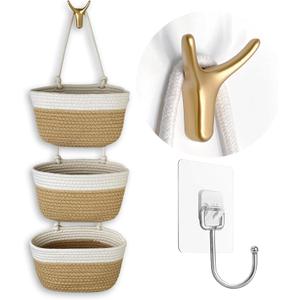 3-Tier Decorative Cotton Rope Hanging Basket, Wall-Mounted Woven Storage Organizer Bag, White + Jute