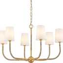34" Boho Chandelier, with Creamy-White Fabric and Natural Rattan Arched Arms Shade Antique Brass Brush Paint Finish Pendant Lighting Fixture for Dining Room Living Room 6-Light
