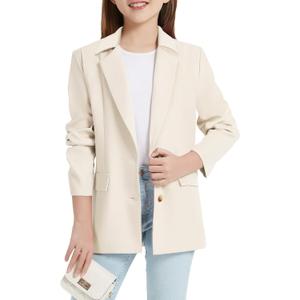EXARUS Girls Blazer Kids Blazers Jacket Teen Suit Graduation Formal School Khaki Blazer Long Sleeve Open Front Button Formal Lapel Collar with Inner Pockets School, 10Y