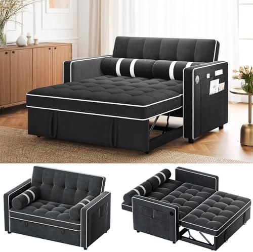 Amada 3 in 1 Convertible Sleeper Sofa Bed, Futon Couches for Living Room with USB Ports&Side Pocket | Adjustable Backrest| Velvet Fabric | Pull Out Couch | Loveseat | Sectional Sofa Bed,Black