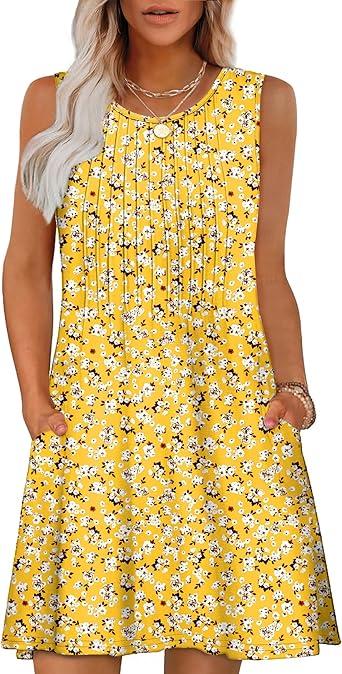 OFEEFAN Summer Dresses for Women 2025 Loose Pleated Sleeveless Tank T Shirt Dress Crewneck Sundresses Pockets Yellow Floral M