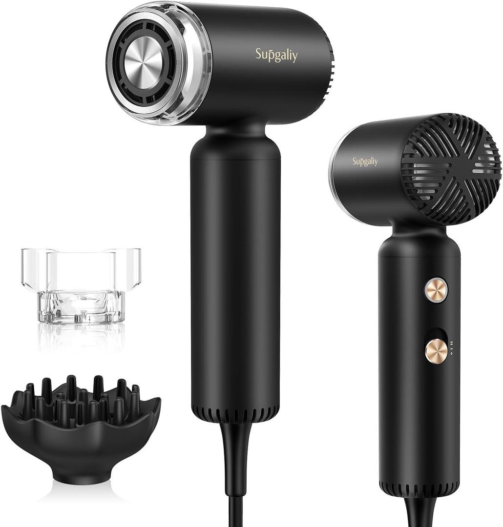 Lightweight Mini Hair Dryer,Professional High-Speed Brushless Motor Ionic Blow Dryer for Fast Drying, Magnetic Wall Mounted Diffuser Concentrator, Quiet Small Hairdryer (Black)
