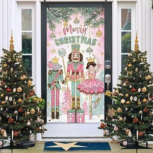 Deroro Merry Christmas Nutcracker Door Cover Decorations, Pink Xmas Tree Front Door Banner Background, Winter Holiday Party Indoor Outdoor Home Decor 3 x 6 FT