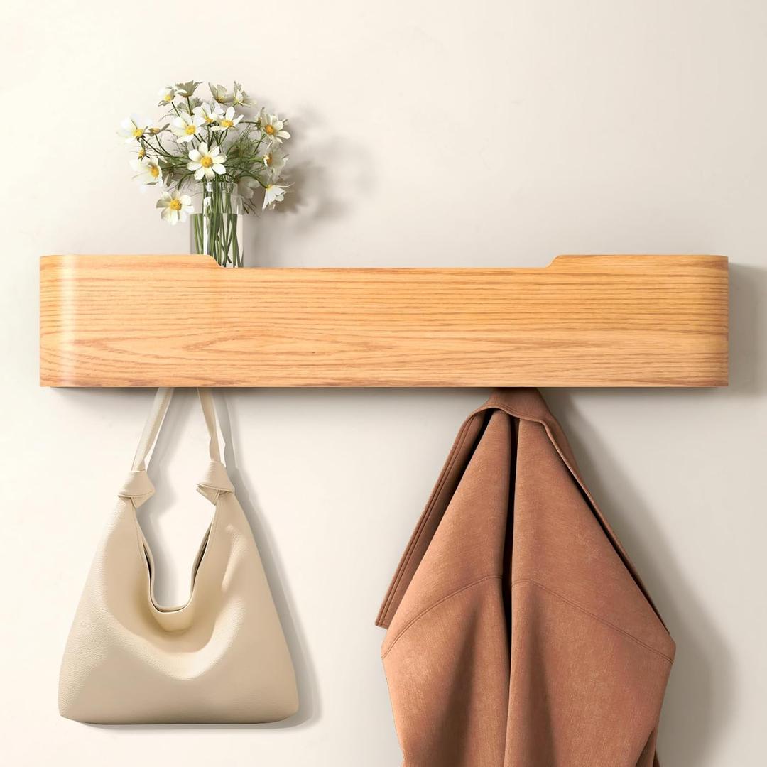 Wall Mounted Coat Rack with Shelf, Wooden Entryway Organizer with Hidden Metal Hooks for Hanging Coats Bags Keys, Modern Floating Shelf for Hallway Bathroom (Oak, 5 Hooks)