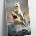 Funny Cat Canvas Wall Art Cat Riding a Shark Painting Picture Wall Decor Vintage Gothic animal Poster Print Artwork for Bathroom Living Room Bedroom Home Decoration Framed 23"×16" Inch