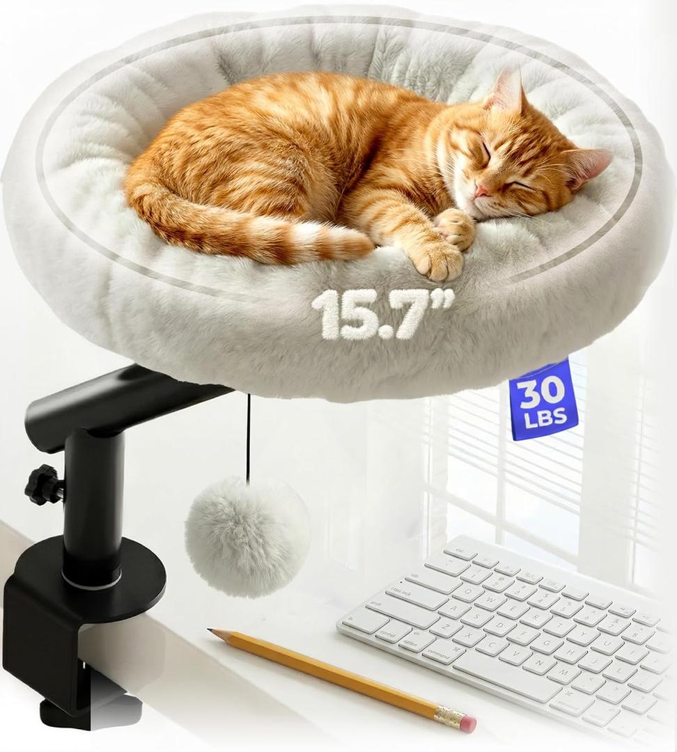 PetLovers Cat Desk Bed - Plush Elevated Desk Bed Attachment with Removable Washable Cushion, 360 Swivel Arm, Secure Clamp - Keeps Your Pet Close While You Work or Play