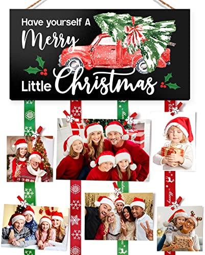 Asoulin Christmas Card Holder Farmhouse Merry Christmas Sign Christmas Card Display Hanging with 30 Photo Clips Photo Holder Picture Frames Collage Wall Decor Picture Board, Holiday Housewarming Gift