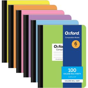 Oxford Composition Notebooks, 6 Pack, Cover Colors Vary, College Ruled Paper, 9-3/4 x 7-1/2 Inch School Journals, Assorted Pastel Covers, 100 Sheets, per Book (63760)