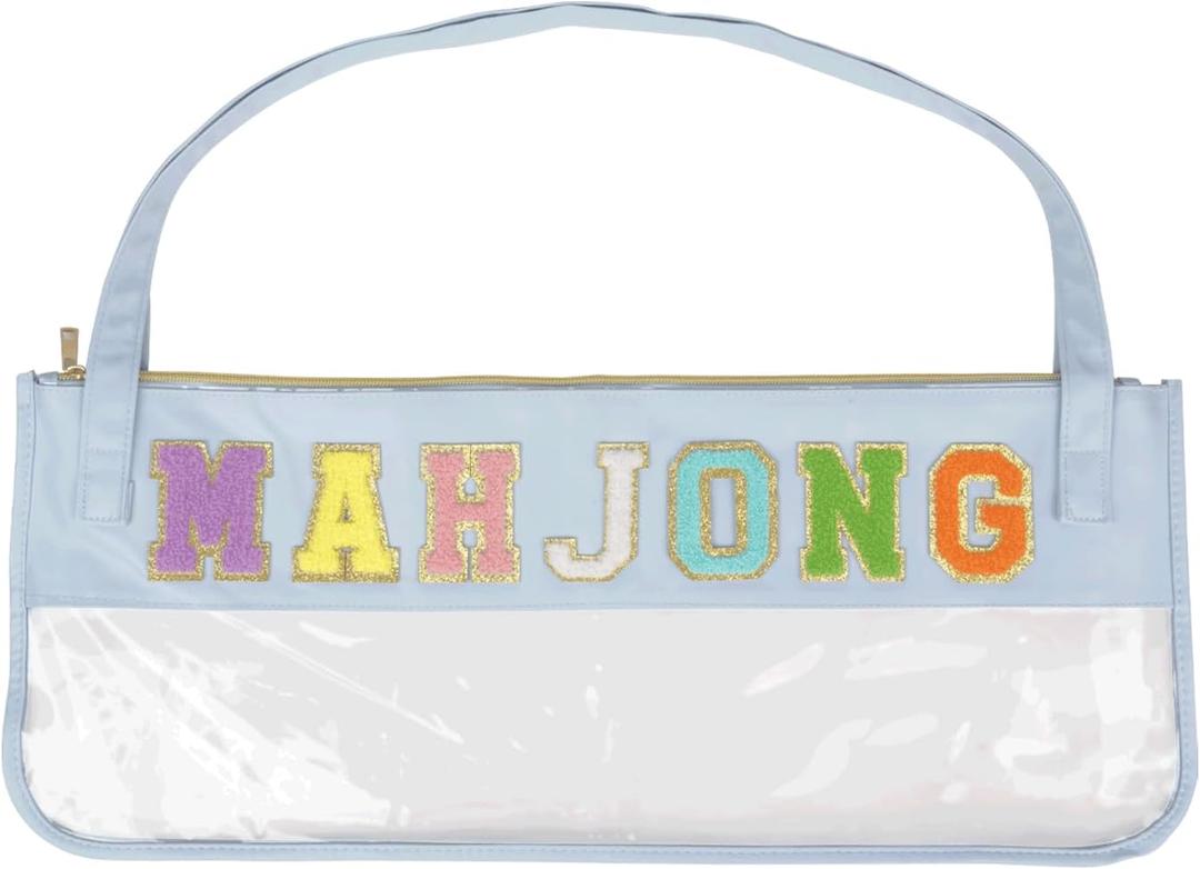 RAWILL Mahjong Tile Bag with Shoulder Straps, Empty Mahjong Bags for Tiles and Racks, Case for American Mah Jong Set with Metal Zipper and Letters - Light Blue (Case Only)