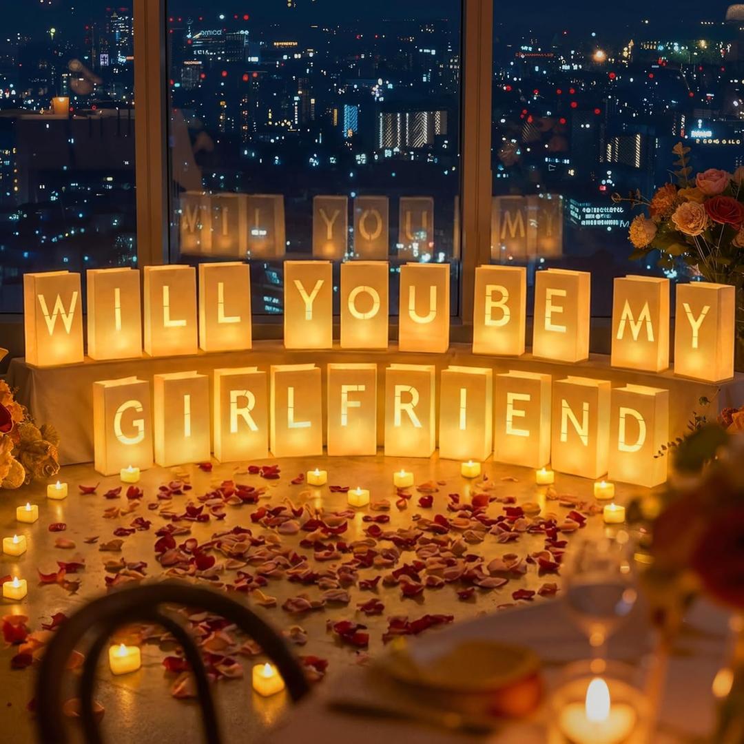 Will You Be My Girlfriend Light Up Letters Luminary Bags, Banner, Romantic Decoration Kit with 30PC Bright LED Candles and 2000PC Fake Rose Petals