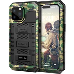 Mitywah Waterproof Case for iPhone 14 Pro Max, Heavy Duty Shockproof Case with Built-in Screen Protector, Full Body Underwater Protective Metal Case 6.7 inch, Camouflage