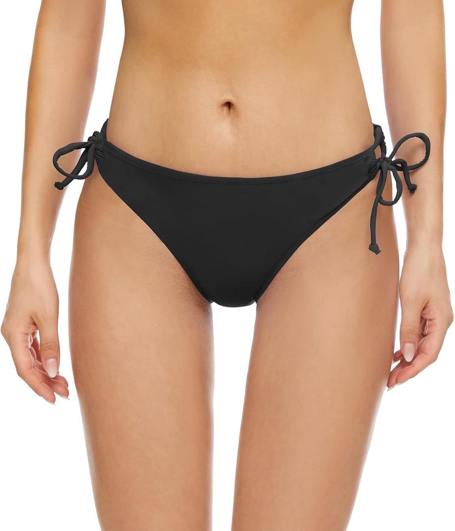 Bellecarrie Women's Tie Side Bikini Bottoms Mid Rise String Bathing Suits Bottom (Large, Black)