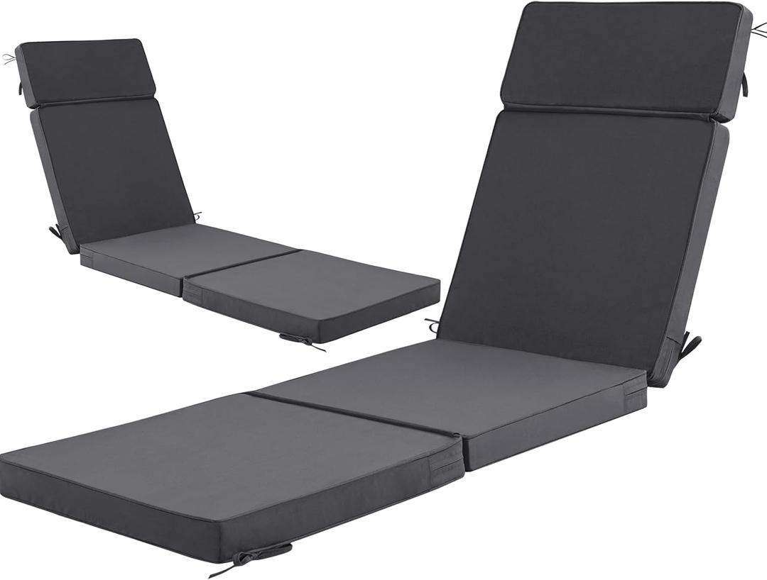 80 x 26 Inch Outdoor Chaise Lounge Cushions Set of 2 - Removable Cover, 4-Section Design, Water-Repellent & Fade-Resistant, 6 Tie Straps, Replacement for Patio & Pool Chairs - Dark Grey