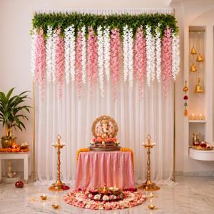 Indian Pooja Backdrop Set, Diwali Curtain Decor, Wisteria Garland
7x5ft White Curtain, 20 Artificial Pink White Wisteria Flower, Ganpati, Ganesh Chaturthi, Varalakshmi, Temple Decor for Home