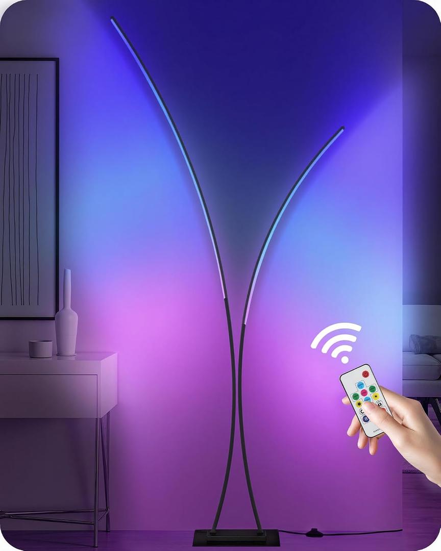 RGB Arc Floor Lamp, Dimmable Double-Light Standing Lamp, 3CCT, Remote & Foot Switch, for Living Room, Office, Bedroom, Black RB61LD05