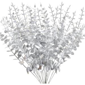 FEQO 36 Pcs Silver Eucalyptus Stems Artificial Leaves Faux Eucalyptus Stems Branches 15 inch for Wedding Bouquet Home Decor