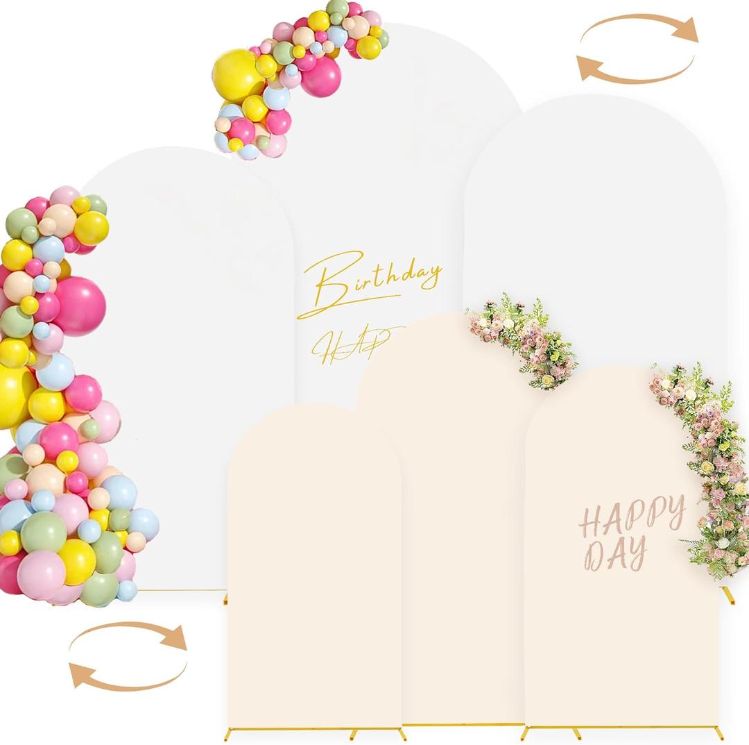 Arch Backdrop Stand and Cover Set(7.2FT,6.6FT,6FT),Double Color Wedding Arch Cover and Metal Balloon Arch Stand Frame for Wedding Birthday, Party, Baby Shower, Graduation Ceremony, (White+Beige)